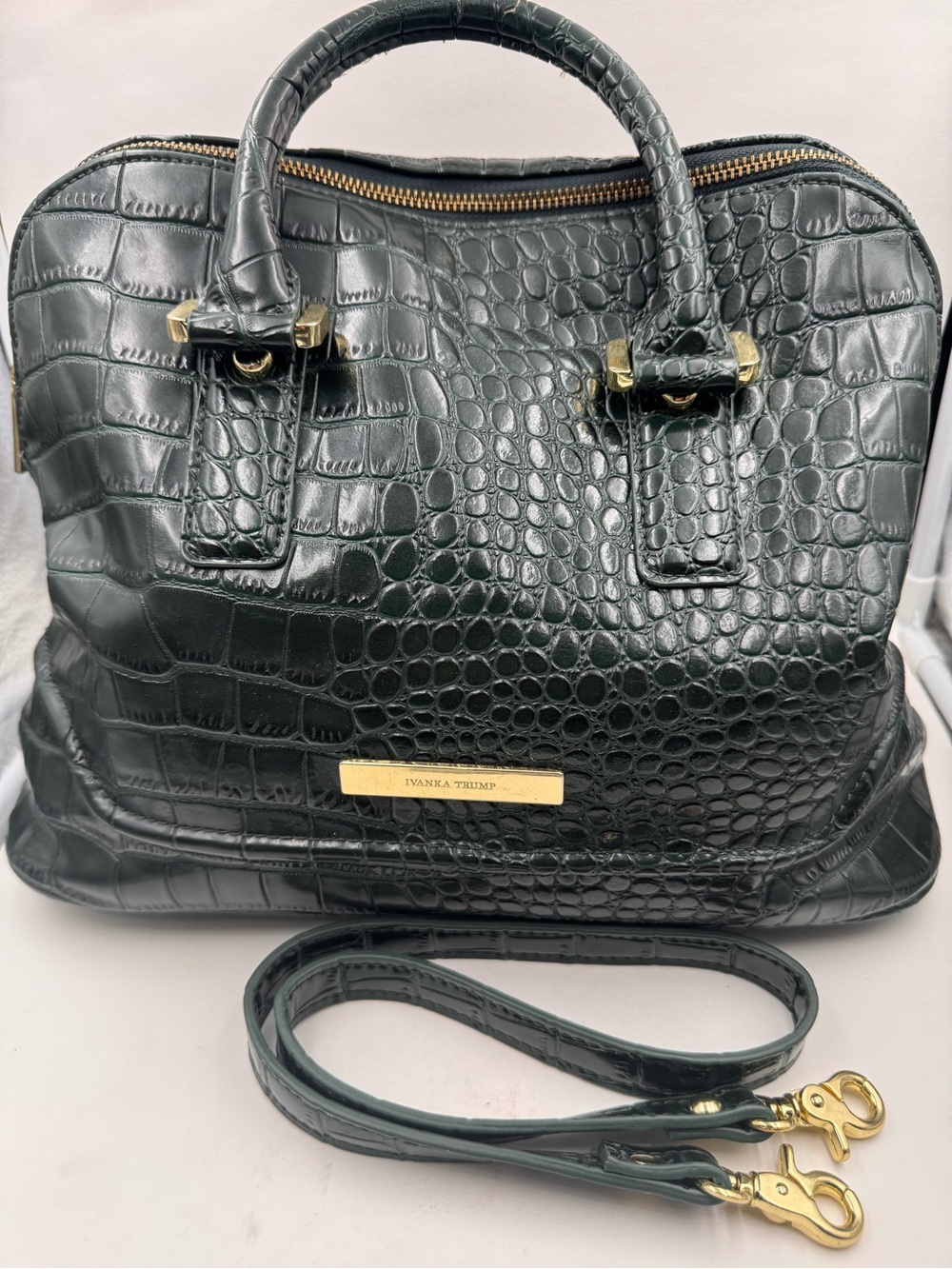 Ivanka Trump Green Croc Embossed Faux Leather Satchel Bag Gold Hardware